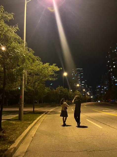 Couple Night Walks Aesthetic, Couple Under Street Light, Late Night Couple Pictures, Late Night Walks Aesthetic Couple, Urban Night Aesthetic, Dancing Under Street Lights, Night Walk With Boyfriend, Couples Night Aesthetic, Couple At Night Aesthetic