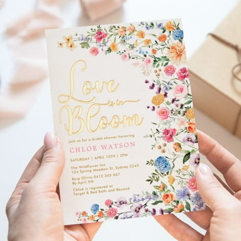 Love in Bloom Wildflower Meadow Bridal Shower  Foil Invitation Lover Theme Wedding, Love Is In Bloom Bridal Shower Invitations, Spring Bridal Shower Backdrop, Wildflower Bridal Shower Invitations, Bride In Bloom Bridal Shower Theme, Bridal Shower Pastel Theme, Engagement Shower Themes, Bridal Shower Florals, Love Is In Full Bloom Bridal