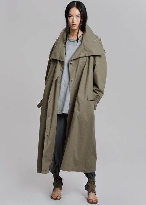 Lottie Wing Collar Trench Coat - Olive Oversized Trench, Oversized Trench Coat, Wing Collar, Oversized Outfit, The Frankie Shop, Frankie Shop, Oversized Silhouette, Crop Sweatshirt, Woven Cotton