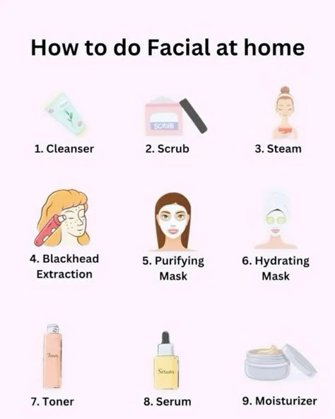 Facial at home 💜 . . Comment DM For Recommendations . Follow For More Such content 💜 . #skincaredaily #skincare #skin #skincareproducts #skincarebrand #skincaretip #skincarenatural #skincarerecommendations #skincareroutine #skincareaffordable #facial #oilyskin #sensitiveskin #dryskin Facial Cleaning Routine, Steps For A Facial At Home, Facial List, Facial Order, At Home Facial Steps, Lactic Acid Skincare, Exfoliation Tips, Postpartum Skincare, Facials At Home