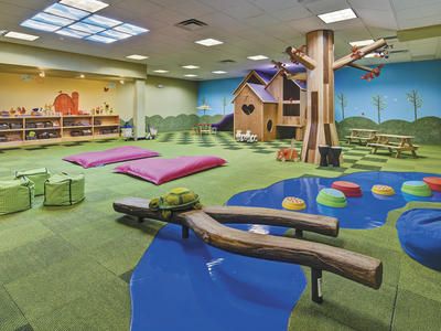 reaarrange my floor tiles, use a 4x4 (or larger) to create a balance beam over the blue/water tiles Children's Play Area, Daycare Rooms, Baby Lounge, Daycare Decor, Daycare Design, Preschool Rooms, Daycare Room, Kids Cafe, Indoor Kids