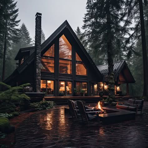 Modern Rustic Tiny House, Modern House In The Woods Aesthetic, Rustic Farmhouse Exterior Ideas, Cabin On Mountain, Black Rustic House Exterior, Book Loft, Glass A Frame House, Houses In Woods, Forest Lake House