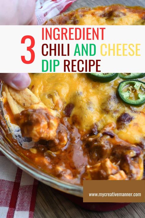 Make this easy 3-ingredient chili and cheese dip recipe for game day or as an evening snack. Layers of cream cheese and chili are topped with gooey cheese. Serve with Fritos scoops as a quick appetizer that is sure to be a hit. Chili Dip With Cream Cheese Crock Pot, Stagg Chili Dip Recipe, Stag Chili Cream Cheese Dip, Chilli Dip Cream Cheese, Recipe With Fritos, 3 Ingredient Chili, Chili Cream Cheese Dip, Chili Dip Recipes, Chili Cheese Dip Recipes