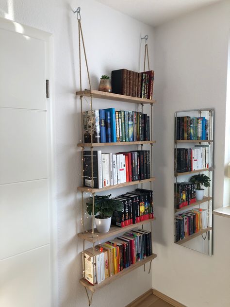 Side Wall Bookshelf, Wall Bookshelves Bedroom Floating Books, Cute Room Bookshelf Ideas, Book Shelving Ideas Bedroom, Bookshelves For Small Bedroom, Wooden Bookshelf Ideas, Book Shelves For Bedroom, White Wall Bookshelves, Unique Book Display Ideas