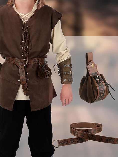 Amazon.com: Suhine 6 Pcs Men's Renaissance Costume Set Medieval Vest Shirt Ankle Banded Pants Viking Belt Armband Pouch (Large) : Clothing, Shoes & Jewelry 16th Century Clothing Men, Pirate Waistcoat, Medieval Mens Clothing, Medieval Vest, Medieval Clothing Men, Medieval Pirate, 16th Century Clothing, Medieval Outfit, Ren Faire Outfits