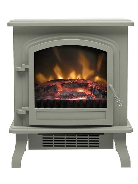 Be Modern Colman Stove in French Grey | very.co.uk Electric Fire Suites, Stove Black, Electric Stove Fire, Wall Mounted Electric Fires, Log Bed, Modern Centerpieces, Cosy Night In, Diy Plumbing, Electric Fires