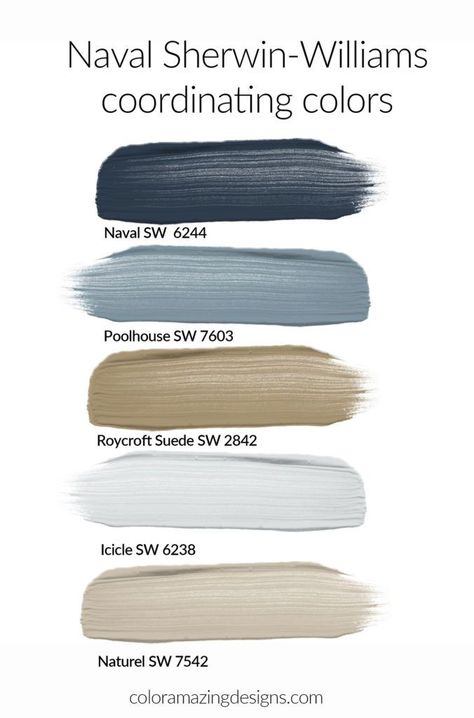 Home Design Color Schemes, Navy Aqua Color Palette, Sherwin Williams Naval Color Palette, Transitional Color Palette, Navy Blue Paint Colors, Navy Blue Paint, Navy Blue Living Room, Sherwin Williams Colors, House Color Palettes