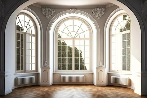 Large French Windows, Interior Design New Classic, Arch Window Design, Empty Room Background, Georgian Bedroom, Palace Background, Large Windows Living Room, Vintage Room Ideas, Background For Zepeto