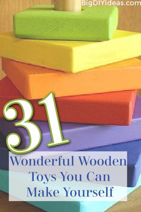 Today we are looking at simple woodworking projects that you can make into wonderful toys for children! These fun and adorable projects are great for thoughtful and homemade presents for a baby shower or children's birthday party. The best part is that so many of these wooden toys are classics that you can have fun introducing your children to. Get your imaginations running with these fun projects! Which will you choose to try?! Homemade Toys For Preschoolers, Diy Wood Baby Toys, Wooden Baby Gifts, Diy Wooden Toys For Kids, Wooden Christmas Toys, Diy Montessori Toys 2 Year, Wood Toys Plans Free, Diy Wood Toys For Kids, Wood Toy Ideas