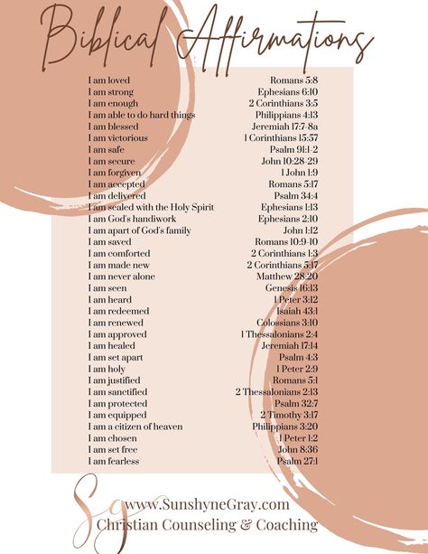 Get your free printable PDF of Biblical Affirmations- Learn what the Great I Am says about you! 31 Scriptures to outline your Identity in Christ. #mentalhealth #christiancounseling #identity #affirmations Biblical Self Affirmations, Scripture Who God Says I Am, Daily Bible Affirmations For Women, I Am Biblical Affirmations, What God Says About Me Scriptures, God Says I Am Scriptures, What God Says About You Scriptures, Postive Afframations Bible, Scriptures For Career