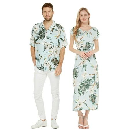 This beautiful Hawaiian print couple's matching outfit is made of rayon, soft and silk-like. Men's shirt has coconut buttons and one pocket on the left chest. Men's shirt comes in size S-3XL. Women's butterfly dress has an elastic back which makes fitting easy and feels comfortable. Women's dress comes in size S-2XL. This pattern also has more styles for men, women, boys and girls. Please go to my store for details. Size: Men XL + Women M.  Color: Blue.  Gender: male.  Age Group: adult. Loose Maxi Dress Summer, Hawaiian Outfit Women, Bo Peep Dress, Luau Shirts, Fishtail Midi Dress, Luau Dress, Boho Sundress, Couple Matching Outfits, Boho Beach Dress