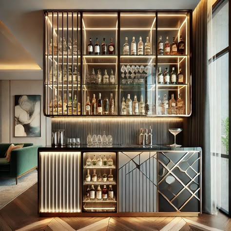 House Mini Bar Ideas, Tv Room With Bar, Bar Glasses Display, Wall Bar Ideas For Home, Home Bar Designs Luxury, Contemporary Home Bar, Bar Wall Design, Modern Bar Design, Bar With Mirror