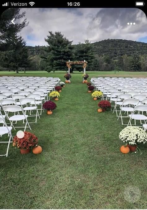 Fall Wedding Mums, Northeast Pennsylvania, Wedding Aisle Decorations Outdoor, Fall Wedding Ceremony Decorations, Mums In Pumpkins, Fall Ceremony, Fall Wedding Ceremony, Mums Wedding, Wedding Isles