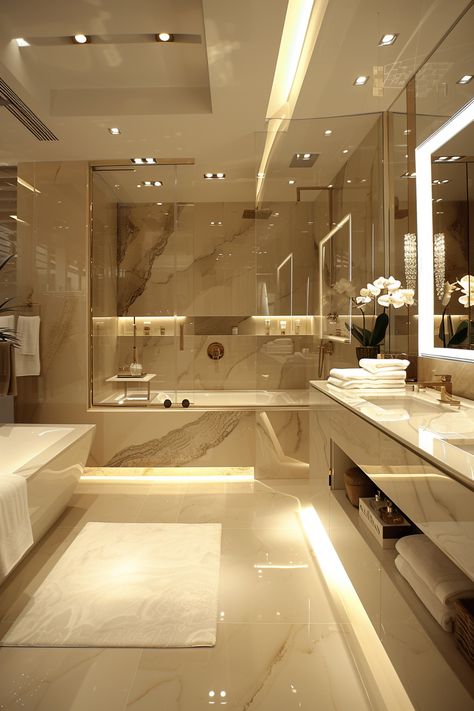 Luxury Bathroom Oasis: Transform Your Space with Elegant Beige & Cream Tones Marble Home Design, Bathroom Modern Design Luxury, Luxury Bathroom Sink Design, Modern Bathroom Two Sinks, House Interior Elegant, Light Marble Bathroom, Bathroom Interior Design Luxury Elegant, Bathroom Hotel Luxury, Lux Bathroom Decor