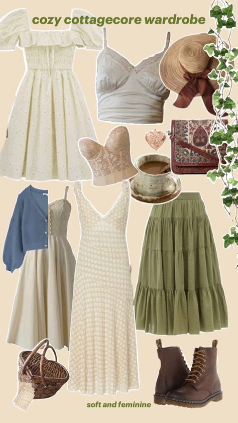 earthy garden style clothes, made up of green and warm cream tones. Earth Color Outfits Women, Neutral Earthy Tones Outfits, Earthy Tones Clothes, Earthy Cottagecore Outfits, Earth Tone Outfits Aesthetic, Earth Colors Outfit, Earthy Tones Outfit, Warm Tone Outfits, Fit Moodboard