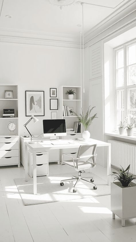 Minimalist and clean white office design ideas to promote focus and create a timeless aesthetic. All White Home Office, Home Office Decor White Desk, White Office Aesthetic, White Desk Home Office, All White Office, White Home Office Design, White Office Design, White Home Office Ideas, Female Home Office