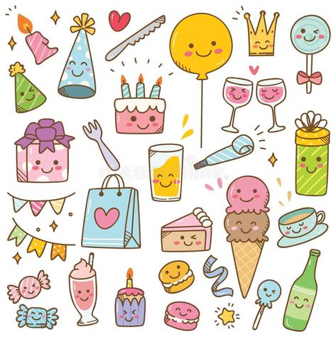 Kawaii style birthday doodle isolated on white background. Suitable for birthday design element, wallpaper etc vector illustration Doodles Kawaii, Happy Birthday Doodles, Happy Birthday Drawings, Birthday Doodle, Cute Happy Birthday, Kawaii Illustration, Easy Doodle Art, Kawaii Style, Cute Doodle Art