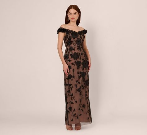 Off The Shoulder Beaded Column Gown With Rosette Accents In Black Rose Banquet Outfit, Lace Clutch, Ball Skirt, Sheer Knit, Column Skirt, Formal Dress Shops, Knit Mesh, Column Gown, Floor Length Gown