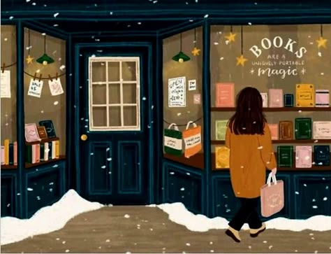 Gilmore Girls Illustration, Cozy Art, Winter Books, People Reading, Winter Illustration, Book Shop, Winter Wallpaper, Dessin Adorable, Dreamy Art