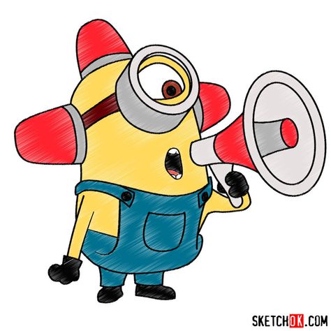 How to draw minion Carl with a loudspeaker - Step by step drawing tutorials Minions Doodle Art, Minons Drawings, How To Draw Minions, Minion Art Paintings, Minion Drawing Cute, Minions Drawing, Minion Painting, Minion Drawing, Minion Coloring Pages