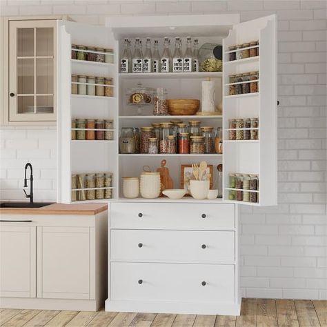 Freestanding Tall Cupboard Storage Cabinet w/ 8 Door Shelves, 3 Drawer - Bed Bath & Beyond - 40575768 Farmhouse Kitchen Pantry, Tall Cupboard, Freestanding Storage Cabinet, Kitchen Cupboard Storage, Kitchen Pantry Storage Cabinet, Storage Cabinet With Drawers, Pantry Storage Cabinet, Freestanding Storage, Freestanding Kitchen