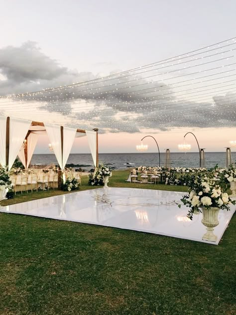 Wedding Arches Outdoors Beach, Classy Romantic Wedding Theme, Wedding Dance Floor With Lights, Beach Wedding Reception Dance Floor, Tent Wedding Beach, Wedding Dishes Food Buffet Tables, Dream Wedding Reception Beach, Wedding Outside Dance Floor, Big Tent Wedding Receptions