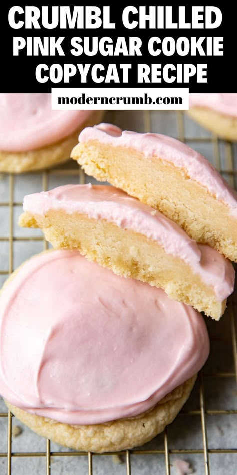 It's everyones favorite Crumbl cookie -- the classic pink chilled sugar cookie! A crumbly cookie topped with sweet almond icing. This crumbl copycat recipe is pure perfection, you can skip the trip to the store and make your batch any time you want. Copy Cake Crumble Cookie, Snack Idea Recipes, Crumbl Cookie Copycat Nilla Bean, Half Baked Cookie Recipe, Crumbl Cookies Pink Sugar, Copy Cat Pink Sugar Cookie, Pancake Crumbl Cookie, Crumble Pink Sugar Cookie Recipe, Crumbl Cookie Pink Sugar Cookie