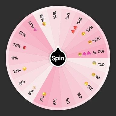 Spin the wheel to randomly choose from these options: 0% 😭, 1%😩, 2%😔, 4%, 5%, 6%, 7%☹️, 8%👎🏻, 9%, 10% 🙂, 11%, 12% 🌹, 13%, 14%💗, 15%😝, 16%, 17%, 18% ❤️❤️, 19% 😊, 20%😍, 100 % 🩷🩷🤩! Random Things To Text, Things To Call Your Crush, Fun Things To Do In Class When Bored, Things To Do At 3am, Drawing Your Crush, That Time Of The Month, Choose One Option Game, How To Make Crush Like You, How Do You Tell Your Crush You Like Him