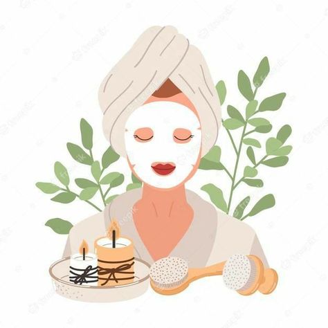 Routine Illustration, Spa Skincare, Home Spa, Tropical Leaves, A Face, Young Woman, Skincare Routine, Premium Vector, Relaxation