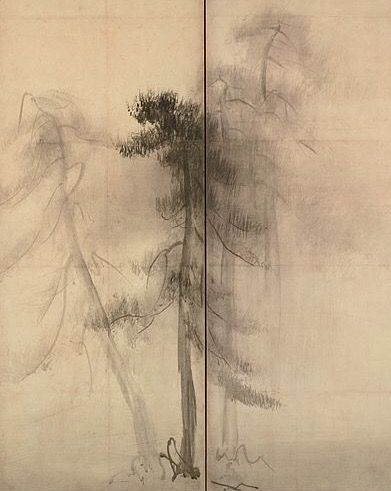 Detail. Pine Trees" by Hasegawa Tōhaku (Japanese, 1539–1610). The painting has been designated as National Treasure in the paintings category.16th century. Left screen of a pair of six-folded screens; ink on paper. Hasegawa Tohaku, Chinese Tree Painting, Negative Space Art, Pine Tree Painting, Shadow Painting, Japanese Ink Painting, Ukiyo E, Japanese Tree, Japan Painting