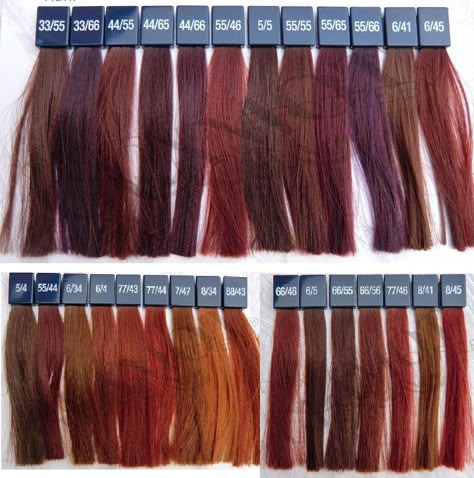 Koleston Perfect Color Chart, Wella Reds Formula, Wella Reds, Wella Colour Chart, Wella Hair Color Chart, Red Hair Color Chart, Violet Hair Color, Red Violet Hair Color, Brown Hair Color Chart