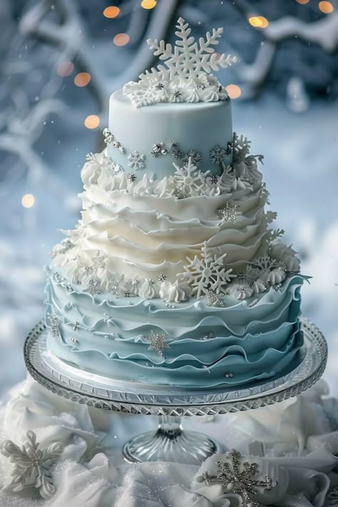 Icy Blue Charm: A Winter Wonderland Birthday Cake Sweet 16 Party Ideas Winter Theme, Snow Cake Design, Winter Sweet 16 Ideas Birthdays, Snowflake Quinceanera Theme, Ice Queen Birthday Party, Winter Wonderland Graduation Party, Disney 18th Birthday Cake, Purple Snowflake Cake, Winter Wonderland Candy Table