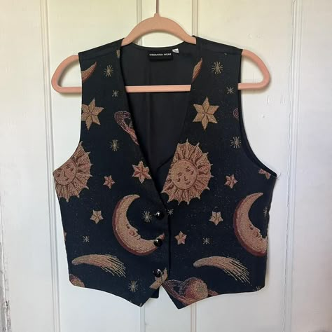 vintage celestial print vest. gorgeous sparkly sun... - Depop Celestial Clothes Aesthetic, Celestial Print Clothing, Queer Homecoming Outfits, Whimsigoth Vest Outfit, Celestial Core Outfits, Moon And Sun Outfit, Sun Outfit Aesthetic, Masc Whimsigoth Outfits, Vests Aesthetic