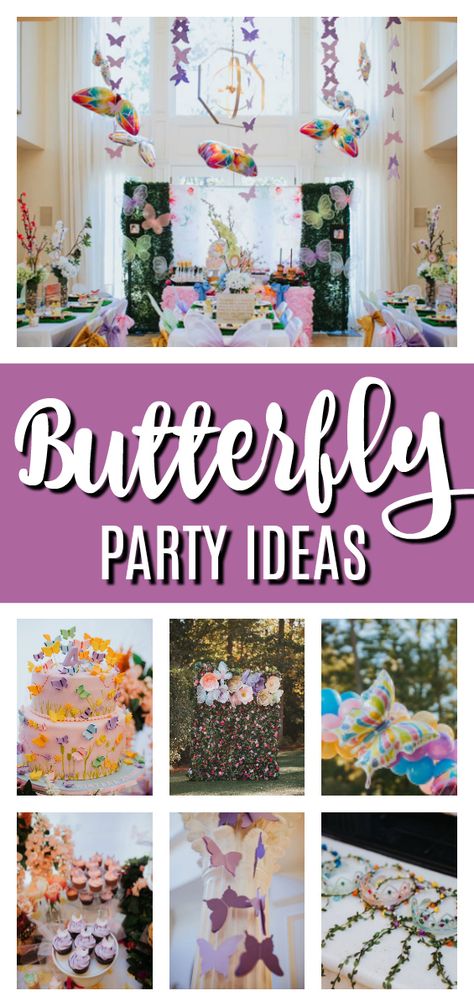 Whimsical Butterfly Birthday Party on Pretty My Party #prettymyparty #butterflypartyideas #butterflyparty #butterflybirthday #butterflytheme Butterfly Themed Birthday Party Food, Butterflies And Rainbows Birthday, Butterfly Party Decorations Centerpieces, Three Year Old Butterfly Party, Adult Butterfly Party Theme, Butterfly Second Birthday Party, Butterfly Kisses Birthday Party, Butterfly 3rd Birthday Party, Butterfly Themed First Birthday Party