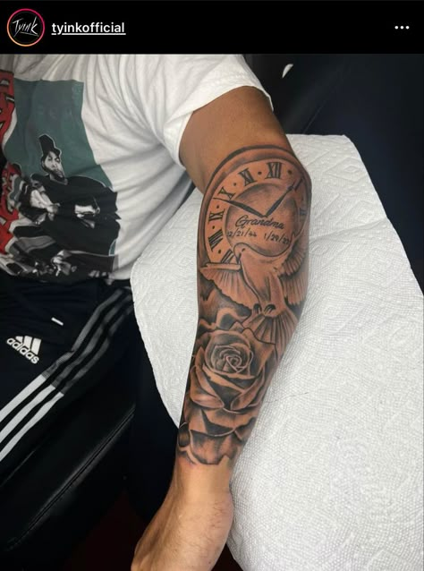 Men’s Tattoo Half Sleeve, Rip Tattoos For Men Shoulder, Mom Dedication Tattoos For Men, Forearm Tattoo Men Sleeve God, Forearm Sleeves For Men, Men Tattoo Ideas Family, Rip Tattoo Ideas For Men Forearm, Tattoo Ideas For Men Clock, Rip Sleeve Tattoos Guys