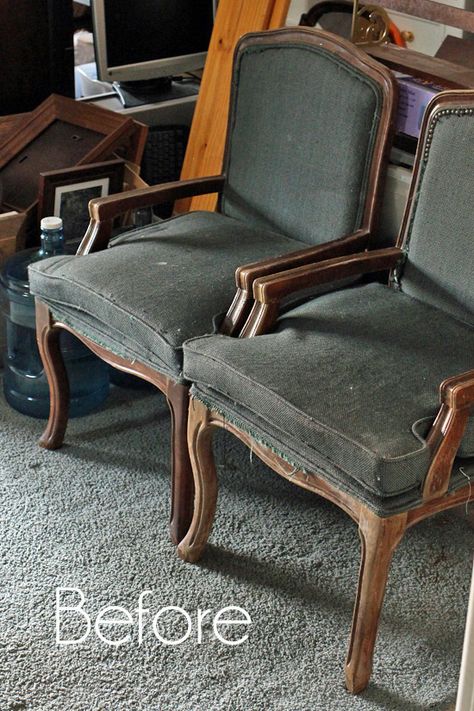 Hey there awesome Friends! I am really excited about today's makeover! I'm sharing how I transformed a pair of chairs I found at the thrift store at least two years ago. Isn't that ridiculous? I knew they were going to be a ton of work, so I just kept overlooking them. Well I am SO thrilled French Provincial Chair, Chair Redo, Staining Furniture, Pair Of Chairs, Diy Furniture Redo, Reupholster Chair, French Country Dining, Reupholster Furniture, Cottage Furniture