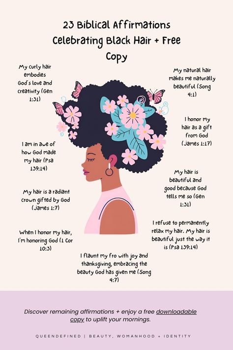 23 Uplifting Biblical Affirmations Celebrating Black Women’s Hair + Free Download — QUEENDEFINED Natural Hair Affirmations, Biblical Affirmations Women, Elegant Natural Hairstyles, Black Women Affirmations, Bible Reflection, Biblical Affirmations, Biblical Femininity, Notes Bible, Christian Studies