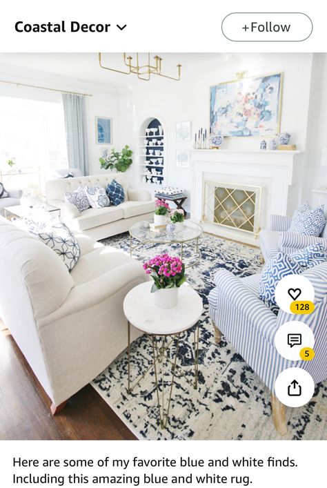 Blue And White Living Room, Blue And White Rug, Coastal House, Blue White Decor, Inexpensive Home Decor, Walmart Finds, Up House, White Living, White Living Room