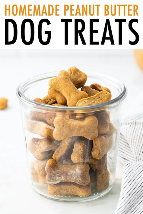 These homemade peanut butter dog treats are so easy and you only need four ingredients. Pups will love the peanut butter flavor! Homemade Peanut Butter Dog Treats Recipe, Dog Treat Recipes Easy, Making Dog Treats, Dog Treats Homemade Peanut Butter, Homemade Peanut Butter Dog Treats, Homemade Dog Treat Recipes, Peanut Butter Dog Biscuits, Homemade Pet Treats, Dog Treats Homemade Easy