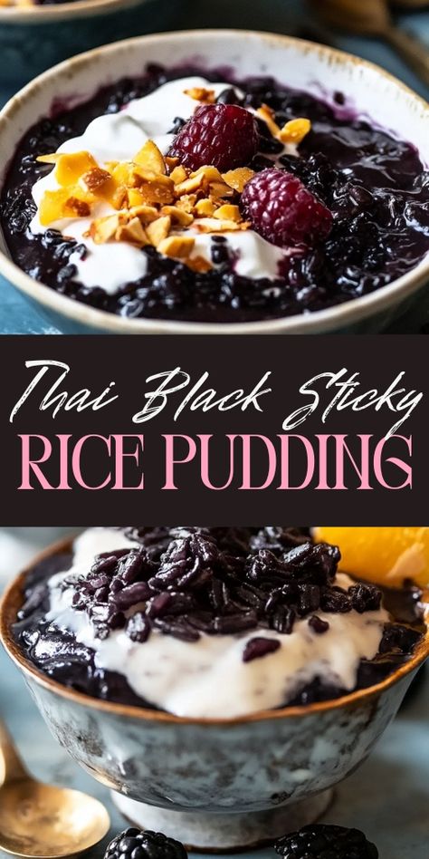 Thai Black Sticky Rice Pudding is a sweet and exotic dessert made with rich coconut milk and chewy black sticky rice! 🍚🥥 This traditional Thai dessert is perfect for anyone who loves unique, creamy treats with a tropical twist. It’s comforting, flavorful, and easy to prepare.  📌 Pin this recipe to enjoy a sweet and indulgent Thai black sticky rice pudding for your next dessert! #BlackStickyRice #ThaiDesserts #CoconutMilk #ExoticFlavors #EasyDesserts #TropicalTreats Black Rice Pudding Recipe, Thai Rice Dessert, Sticky Rice Pudding Recipe, Sticky Rice Dinner Ideas, Black Sweet Rice Recipe, Black Rice Pudding Coconut Milk, Sweet Rice Recipe Filipino, Sweet Sticky Rice Recipe, Sticky Rice Pudding