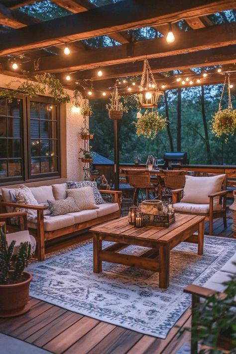 "Create a cozy and inviting space with a Rustic Outdoor Patio! 🌿🏡 Perfect for enjoying the outdoors with natural materials and comfortable seating. 🌟✨ #RusticPatio #OutdoorLiving #PatioDecor" Western Outdoor Patio Ideas, Rustic Patio Furniture Ideas, Rustic Outdoor Living Space, Rustic Back Porch, Outdoor Cabana Ideas, Rustic Patio Ideas, Rustic Outdoor Patio, Farmhouse Outdoor Furniture, Mountain Deck