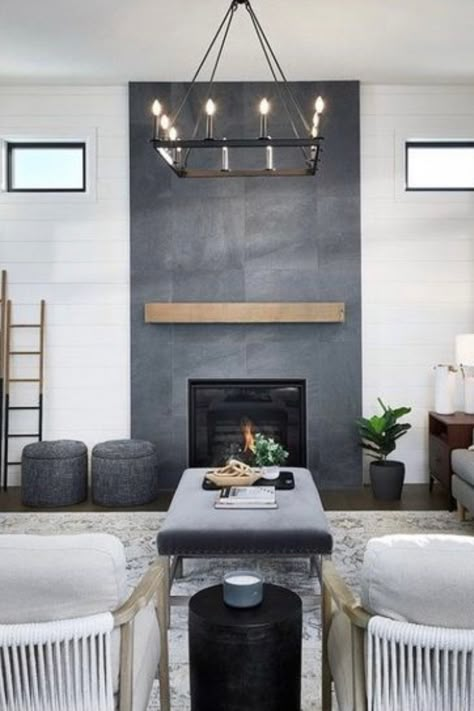 Fireplace Modern Design Tile, Matte Black Fireplace Tile, Flush Fireplace Ideas, Tile Fireplace Remodel, Black Slate Tile Fireplace, Slate Gray Fireplace, Modern Fireplace Renovation, Bluestone Fireplace Surround, Grey Tiled Fireplace