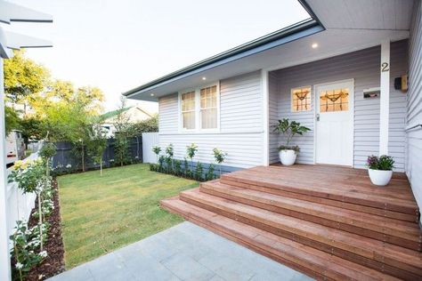 Decked Front Entrance, House Entrance Pathway, Front Door Floating Deck, Weatherboard House Front Garden, Deck At Front Of House, Weatherboard House Colours, Renovated Weatherboard House, Timber Decking Front Entrance, Front Deck Steps