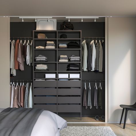 AURDAL wardrobe combination, dark gray, 92 1/8-118 1/8x15 3/4x87 ". Do you want to utilize the small and tricky places in your home? With AURDAL storage system you can customize a solution to fit all storage needs for shoes and clothes in the reach-in or walk-in closets. Steel. Ikea Closet System, Ikea Wardrobe Hack, Ikea Closet Organizer, Armoire Ikea, House Closet, Closet Small Bedroom, Black Closet, Ikea Wardrobe, Ikea Closet