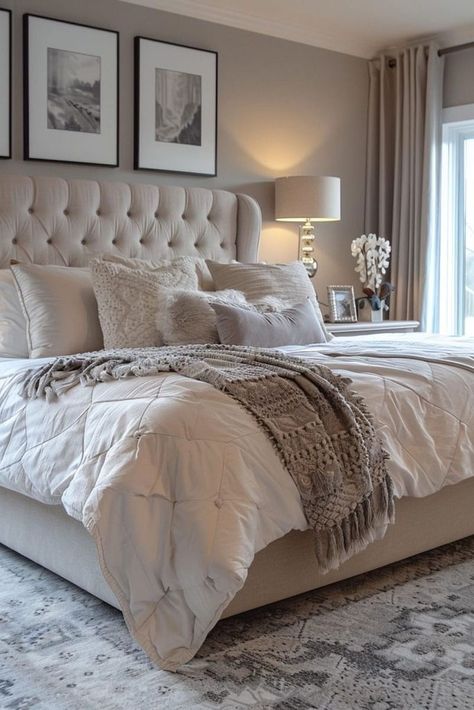 New Home Bedroom Ideas, Sophisticated Master Bedrooms Decor, Couples Bedroom Inspo, Soft Romantic Bedroom, Spa Like Bedroom Ideas Master Suite, Oatmeal Colored Bedroom, Cozy Bright Bedroom, King Size Bedroom Ideas, Classy Bedding