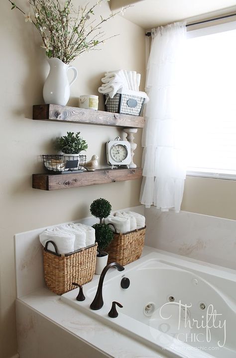 DIY Floating Shelves just like the ones from Fixer Upper! Make 2 of these for… Vogue Decor, Float Shelf, Makeover Kamar Mandi, Koti Diy, Bilik Air, Shelves Diy, Vinyl Decor, Floating Shelves Diy, Estantes Flotantes