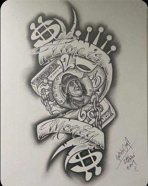 Time is Money. Self made, self paid. Hood Tattoo For Men Stencil, Money Chaser Tattoos, Money Hand Tattoos For Guys, Paper Chaser Tattoo, Lowrider Art Gangsters, Godly Tattoos For Men Sleeve, Money Tattoo Stencil, Money Maker Tattoo, All Money In Tattoo