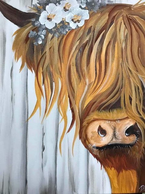 Acrylic Highland Cow Painting, Diy Highland Cow Painting, Diy Cow Painting, Rodeo Painting, Highland Cow Painting Easy, Coco Painting, Cow Canvas Painting, Cow Paintings On Canvas, Cow Paintings