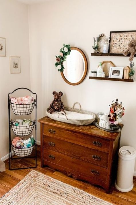 BABY DRESSER ORGANIZATION (3) Mirror And Shelves Nursery, Nursery Antique Dresser, Country Vintage Nursery, Changing Pads On Dresser, Old Timey Nursery, Nursery Basket Storage, Mix And Match Nursery Furniture, Antique Dresser In Nursery, Nursery Ideas Antique