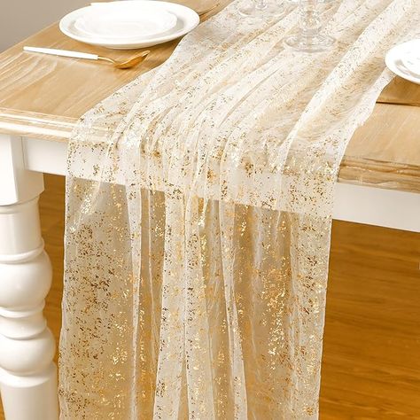 Amazon.com: AerWo 10ft Gold Sheer Table Runner, 27*120 Inches Sheer Chiffon Fabric Runner, Sequin Glitter Wedding Table Runner, Romantic Boho Table Runner for Birthday, Baby Shower, Bridal Shower Decoration : Home & Kitchen Boho Wedding Table Runner, Wedding Anniversary Dinner, Sheer Table Runner, Gold Table Runner, Blush Pink Bridal Shower, Fabric Runner, Gold Table Runners, Bohemian Table, Wedding Table Runner